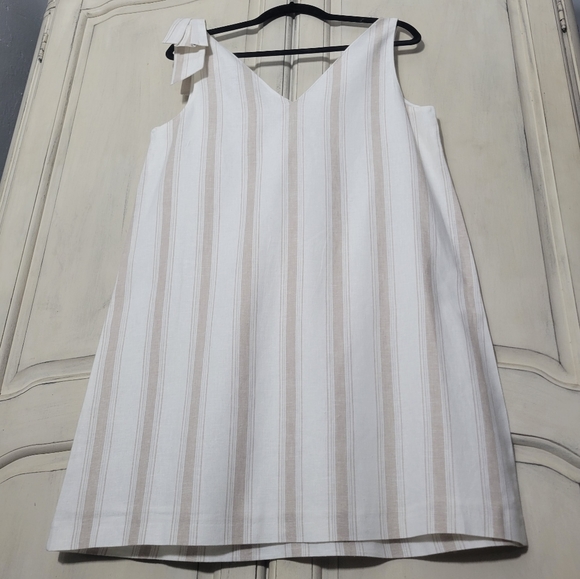 NWT Alex Marie Elena Stripe Linen Blend Neutral Sleeveless Bow Shift Dress *sz S - Picture 15 of 16